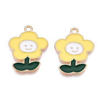 Alloy Enamel Pendants, Light Gold, Lead Free & Cadmium Free, Flower Charm, Yellow, 24x18.5x1mm, Hole: 1.8mm