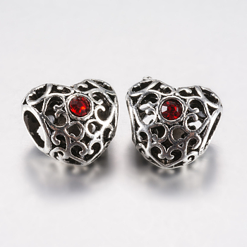 Tibetan Style Alloy Rhinestone European Beads, Large Hole Beads, Heart, Antique Silver, Red, 12x12.5x10mm, Hole: 5mm