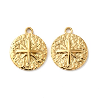 201 Stainless Steel Pendants, Textured, Flat Round with Star Charm, Real 18K Gold Plated, 18.5x15.5x2.5mm, Hole: 2mm