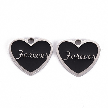 201 Stainless Steel Enamel Pendants, Heart with Word Forever, Stainless Steel Color, Black, 18x20x2mm, Hole: 2.5mm