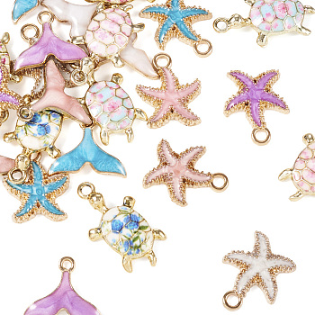 24Pcs 12 Style Alloy Enamel Pendants, Starfish/Tortoise/Whale Tail, Mixed Color, 15~24.5x13.5~17.5x3~5mm, Hole: 1.6~2.5mm, 2pcs/style