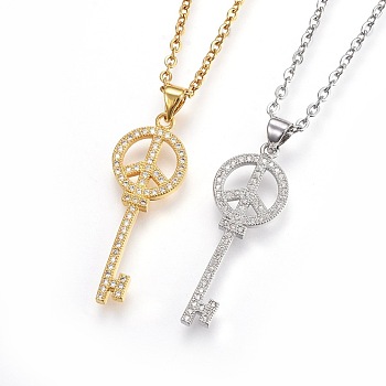 304 Stainless Steel Pendant Necklaces, with Cubic Zirconia, Key with Peace Sign, Mixed Color, 19.3 inch(49cm), Pendant: 33x12x2mm