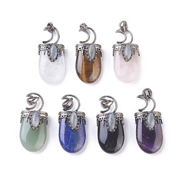 Natural Mixed Stone Pendants, with Brass Findings, Oval, Antique Silver, 44~46x20~21x16~17mm, Hole: 5x7mm
