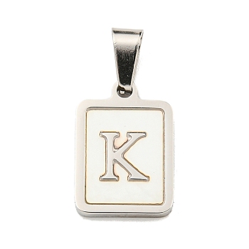 304 Stainless Steel Pave Natural White Shell Pendants, Rectangle with Letter Charms, Stainless Steel Color, Letter K, 17.5x12x1.5mm, Hole: 6x3mm