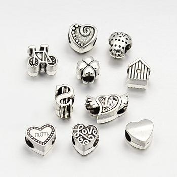 Tibetan Style Alloy Large Hole European Beads, Mixed Shape, Antique Silver, 10~11x7.5~17x7~8mm, Hole: 5mm, about 27~31pcs/78g