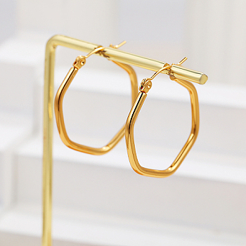 Stainless Steel Hoop Earring, Hexagon, for Women, Real 18K Gold Plated, 30x28mm
