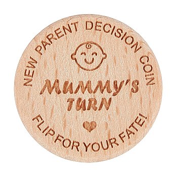CREATCABIN 1Pc Wooden New Parents Decision Coin, Double Sided for Engraved Baby Shower Gifts, BurlyWood, 38x3mm