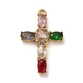 Real 18K Gold Plated 304 Stainless Steel Pendants, with Glass and Rhinestone, Cross, Colorful, 30x19x4mm, Hole: 2mm