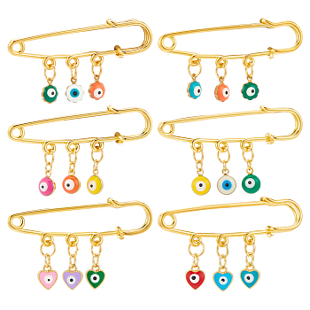 6Pcs 3 Style Evil Eye & Heart Brass Enamel Charms Safety Pin Brooches Set, Golden Iron Sweater Shawl Clips for Waist Pants Extender Clothes Dresses Decorations, Mixed Color, 25~29x50~55mm, 2Pcs/style