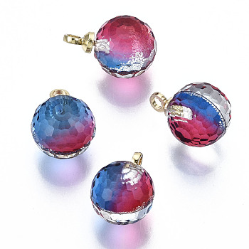 K9 Glass Pendants, Golf Ball Beads, with Golden Tone Brass Peg Bail, Faceted, Round, Cerise, 14x10mm, Hole: 1.6mm