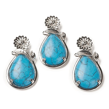 Natural Turquoise Pendants, with Brass Findings, Flower with Teardrop, 56x28x8mm, Hole: 5x2.5mm