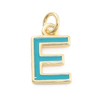 Rack Plating Brass Pendants, with Enamel and Jump Ring, Cadmium Free & Lead Free, Long-Lasting Plated, Real 18K Gold Plated, Letter, Letter E, 11.5x7x1mm, Hole: 2.5mm