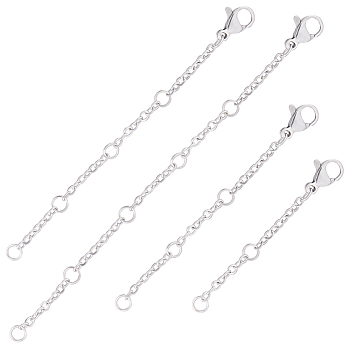 32Pcs 4 Style 304 Stainless Steel Cable Chain Extender, End Chains with Lobster Claw Claps, Stainless Steel Color, 50~100mm, 8pcs/style