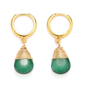 Brass Huggie Hoop Earrings, with Baking Painted Glass Wire Wrapped Pendants, Teardrop, Golden, Light Sea Green, 34mm, Pin: 1mm