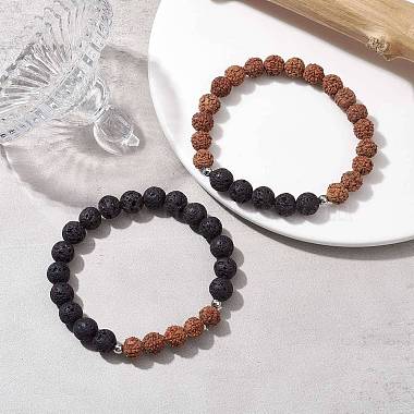 bracelet extensible en pierre de lave naturelle et perles rondes en bois(BJEW-JB10075-03)-3