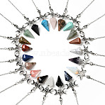 Gemstone Hexagonal Pointed Dowsing Pendulums, with Platinum Tone Brass Findings and Chains, Cadmium Free & Lead Free, Cone with Triple Moon, 230~250mm, pendant: 50~54x26x15~16.5mm, Hole: 1.8x2.2mm(G-J393-AP)