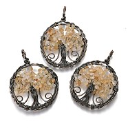 Natural Citrine Pendants, with Red Copper Plated Brass Findings, Flat Round with Tree of Life, 64~67.5x50~51x6~7.5mm, Hole: 8x5~6.5mm(G-B001-01R-H)