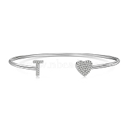 Heart & Letter Rhodium Plated 925 Sterling Silver Micro Pave Cubic Zirconia Cuff Bangles for Women, Letter T, 0.2~0.8cm, Inner Diameter: 1-7/8x2-1/4 inch(4.85x5.65cm) (BJEW-C062-01T-P)