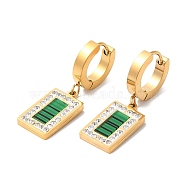 Synthetic Malachite Rectangle Dangle Earrings with Rhinestone, Ion Plating(IP) 304 Stainless Steel Jewelry, Golden, 31mm, Pin: 1mm(EJEW-E286-03G)