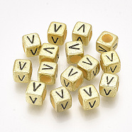 Acrylic Beads, Horizontal Hole, Metallic Plated, Cube with Letter.V, 6x6x6mm, 2600pcs/500g(PB43C9308-G-V)