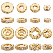 Elite 16Pcs 8 Styles Brass Micro Pave Cubic Zirconia Beads, Flat Round, Golden, 4~8.5x2~3mm, Hole: 1~4mm, 2pcs/style(KK-PH0005-97)