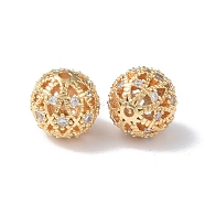 Brass Micro Pave Cubic Zirconia Beads, Hollow Round, Real 18K Gold Plated, 10mm, Hole: 1.4mm(KK-I702-43B)