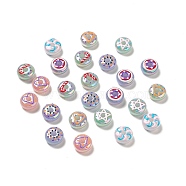 UV Plating Opaque Rainbow Iridescent Acrylic Beads, with Enamel, Flat Round with Star/Moon/Heart/Candy Cane Pattern, Mixed Color, 16x7.5~8.5mm, Hole: 3.7mm(ACRC-D001-11B)