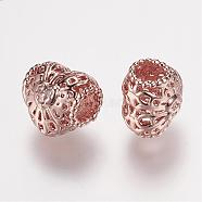 Brass Micro Pave Grade AAA Cubic Zirconia Beads, Heart, Hollow, Cadmium Free & Nickel Free & Lead Free, Real Rose Gold Plated, 9x8x7mm, Hole: 3mm(ZIRC-G086-02RG-NR)