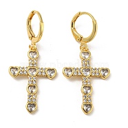 Cross Real 18K Gold Plated Brass Dangle Leverback Earrings, with Glass, Clear, 39x17.5mm(EJEW-A033-01G-02)