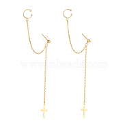 Handmade 304 Stainless Steel Dangle Studs Earrings, with Clip-on Earring Findings and Cross Charm, Golden, 73.5mm, Pin: 0.8mm(EJEW-JE04576)
