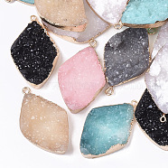 Druzy Resin Pendants, with Edge Light Gold Plated Iron Loops, Rhombus, Mixed Color, 45~47x27~28x12mm, Hole: 1.8mm(RESI-S383-020)