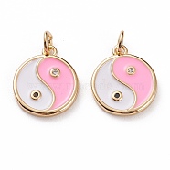 Brass Micro Pave Clear Cubic Zirconia Pendants, with Enamel & Jump Rings, Flat Round with Yin Yang, Real 18K Gold Plated, Pink, 15x12.5x2mm, Jump Ring: 5x1mm, 3mm Inner Diameter(KK-C100-16G-01)
