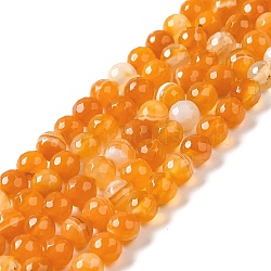 Natural Striped Agate/Banded Agate Beads Strands, Dyed & Heated, Faceted Round, Orange, 8mm, Hole: 1mm, about 46pcs/strand, 14.69~15.16''(37.3~38.5cm)(G-A246-8mm-08)
