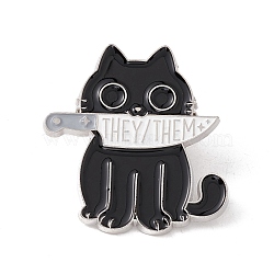 Cat with Knife Enamel Pin, Word They/Them Alloy Badge for Backpack Clothes, Platinum, Black, 30x29x1.5mm(JEWB-E016-18P-02)