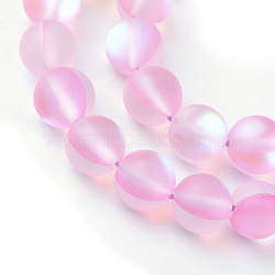 Synthetic Moonstone Beads Strands, Holographic Beads, Dyed, Frosted, Round, Pink, 8mm, Hole: 1mm, about 45~47pcs/strand, 14~15 inch(X-G-R375-8mm-A12)