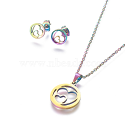 304 Stainless Steel Jewelry Sets, Stud Earring and Pendant Necklaces, Flat Round with Heart, Rainbow, Multi-color, 17.7 inch~18.1 inch(45~46cm), 9mm, Pin: 0.8mm(X-SJEW-L141-089M)