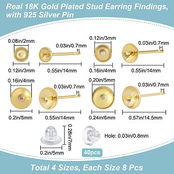 32Pcs 4 Size Rack Plating Brass Stud Earring Findings, Earring Settings with 925 Sterling Silver Pins, for Half Drilled Beads, Cadmium Free & Lead Free, with 40Pcs Plastic Ear Nuts, Golden, 14~14.5x3~6mm, Pin: 0.7mm, 8Pcs/size