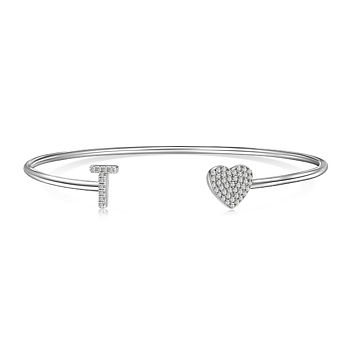 Heart & Letter Rhodium Plated 925 Sterling Silver Micro Pave Cubic Zirconia Cuff Bangles for Women, Letter T, 0.2~0.8cm, Inner Diameter: 1-7/8x2-1/4 inch(4.85x5.65cm) 