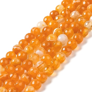 Natural Striped Agate/Banded Agate Beads Strands, Dyed & Heated, Faceted Round, Orange, 8mm, Hole: 1mm, about 46pcs/strand, 14.69~15.16''(37.3~38.5cm)