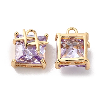 Brass with Medium Purple Glass Pendants, Square with Star Charms, Real 18K Gold Plated, 11x9x6.5mm, Hole: 1.6mm