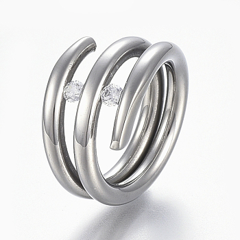 304 Stainless Steel Wide Band Finger Rings, with Cubic Zirconia, Size 8, Stainless Steel Color, 18mm