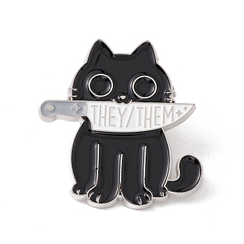 Cat with Knife Enamel Pin, Word They/Them Alloy Badge for Backpack Clothes, Platinum, Black, 30x29x1.5mm