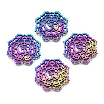 Eco-Friendly Alloy Filigree Joiners, Cadmium Free & Nickel Free & Lead Free, Flower with Aum/Om Symbol, Rainbow Color, 26x26x2mm