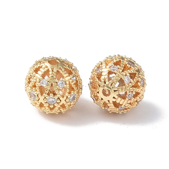 Brass Micro Pave Cubic Zirconia Beads, Hollow Round, Real 18K Gold Plated, 10mm, Hole: 1.4mm