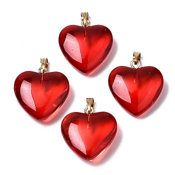 Transparent Spray Painted Glass Pendants, with Golden Plated Iron Bails, Heart, Red, 22x20.5x7mm, Hole: 6x2mm