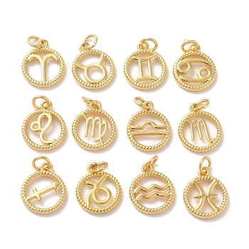 Brass Charms, with Jump Ring, Cadmium Free & Lead Free, Real 18K Gold Plated, Ring, 12 Constellations, 14.5x12x2mm, Hole: 3.4mm