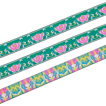 Ethnic Style Polyester Ribbon, Jacquard Ribbon, Tyrolean Ribbon, Flower Pattern, Sea Green, 1-1/4 inch(33mm), about 7.66 Yards(7m)/Roll