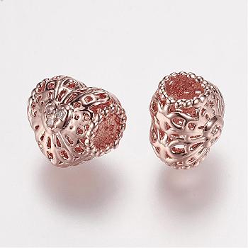 Brass Micro Pave Grade AAA Cubic Zirconia Beads, Heart, Hollow, Cadmium Free & Nickel Free & Lead Free, Real Rose Gold Plated, 9x8x7mm, Hole: 3mm