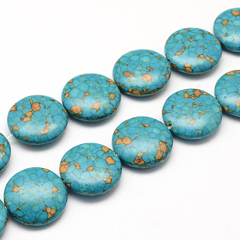 Dyed Synthetic Turquoise Bead Strands, Flat Round, Medium Turquoise, 16x8mm, Hole: 1~2mm, about 23pcs/strand, 15.4 inch~16.5 inch
