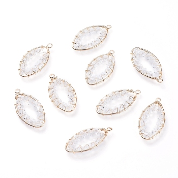 Transparent Glass Pendants, with Brass Findings, Oval, Clear, Real 18K Gold Plated, 31.3x16x4mm, Hole: 2mm